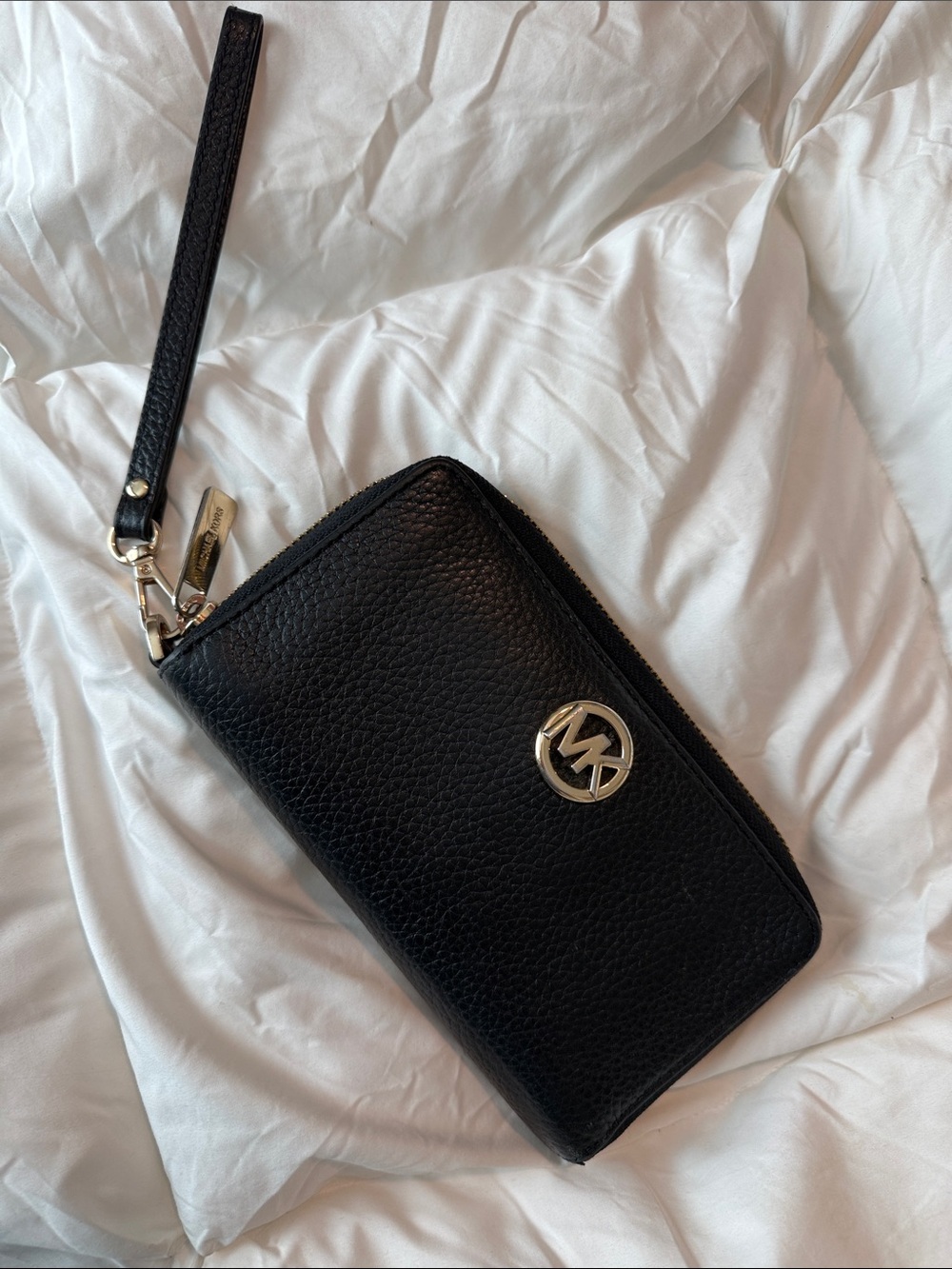 Michael Kors Black Pebbled Leather Wristlet Clutch with MK Logo